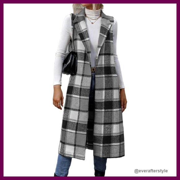 Long Plaid Vest Sleeveless Blazer Jacket Open Front Cardigan Chic Classic